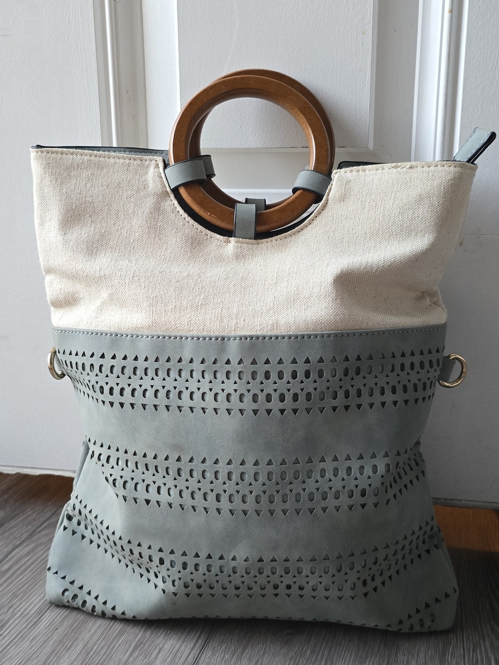 Sage Green Vegan Suede Wood Ring Tote Gramercy & Grand Canvas Bag